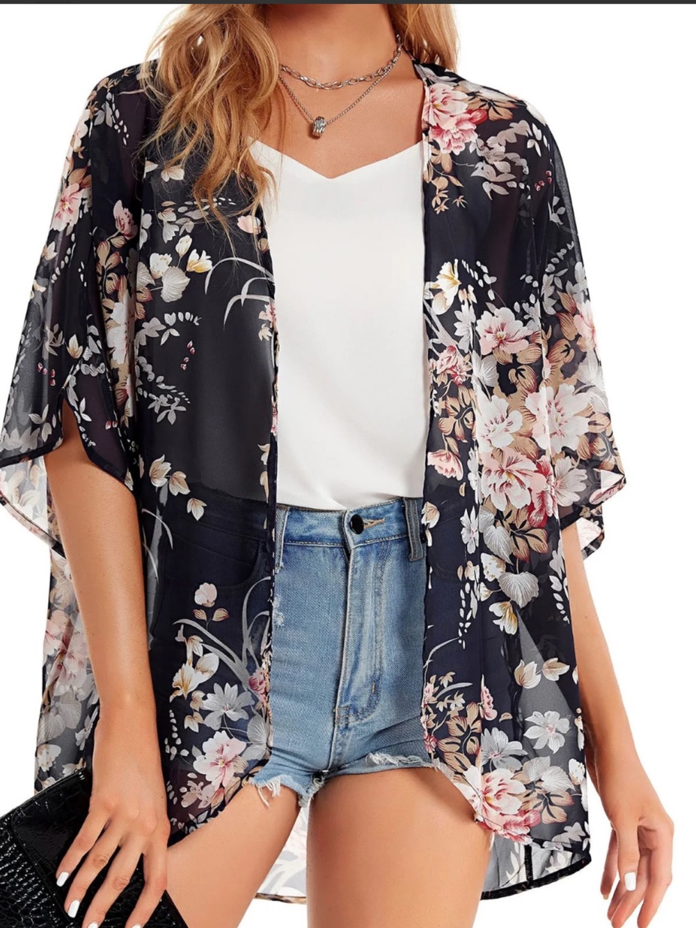 Source Unknown Black Sheer Floral Kimono Cardigan with Pink & Cream Blooms